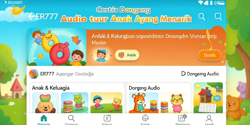Tampilan antarmuka aplikasi ER777 dengan berbagai pilihan dongeng audio.