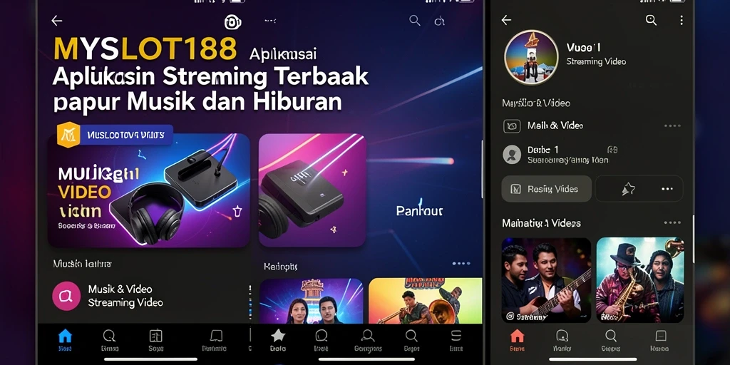 Antarmuka aplikasi MYSLOT188 menampilkan berbagai pilihan video dan musik.