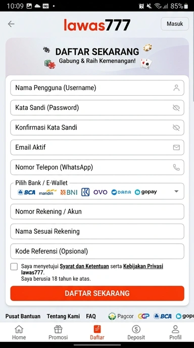 Tampilan halaman daftar lawas777
